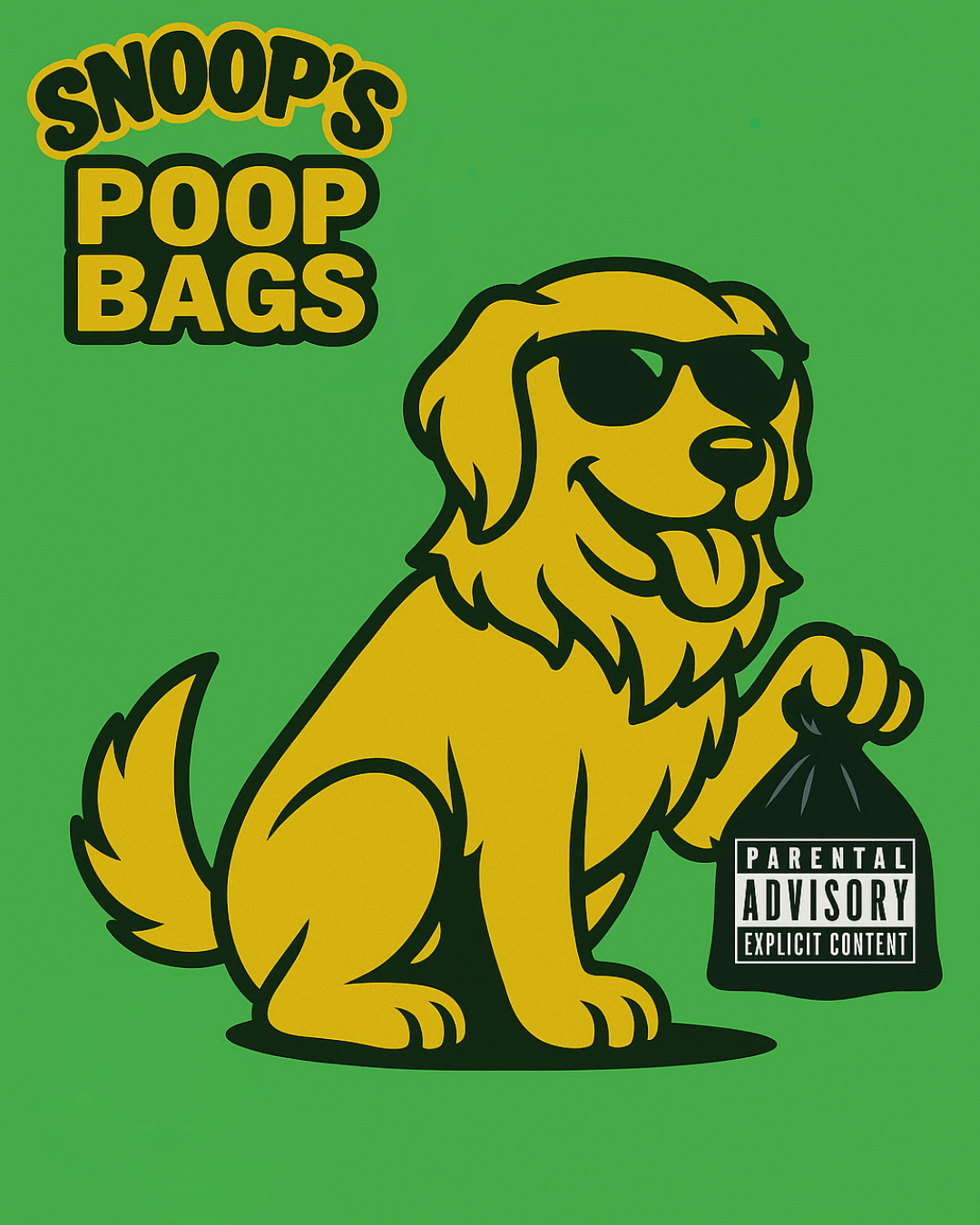 Eco-friendly green roll of Snoop's Poop Bags featuring a cartoon dog holding a poop bag with a Parental Advisory label – biodegradable and compostable dog waste bags for pet owners.