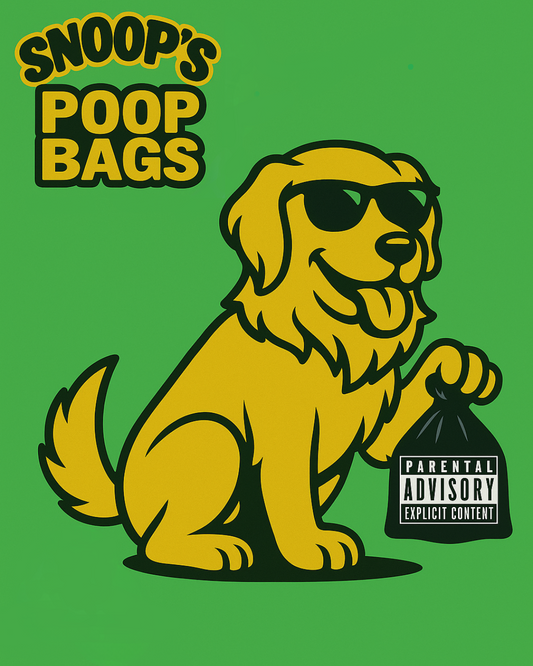 Eco-friendly green roll of Snoop's Poop Bags featuring a cartoon dog holding a poop bag with a Parental Advisory label – biodegradable and compostable dog waste bags for pet owners.